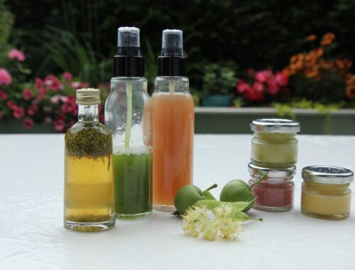 A group of glass bottles on a table