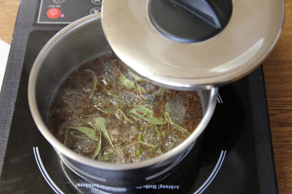 A bowl of soup on a table